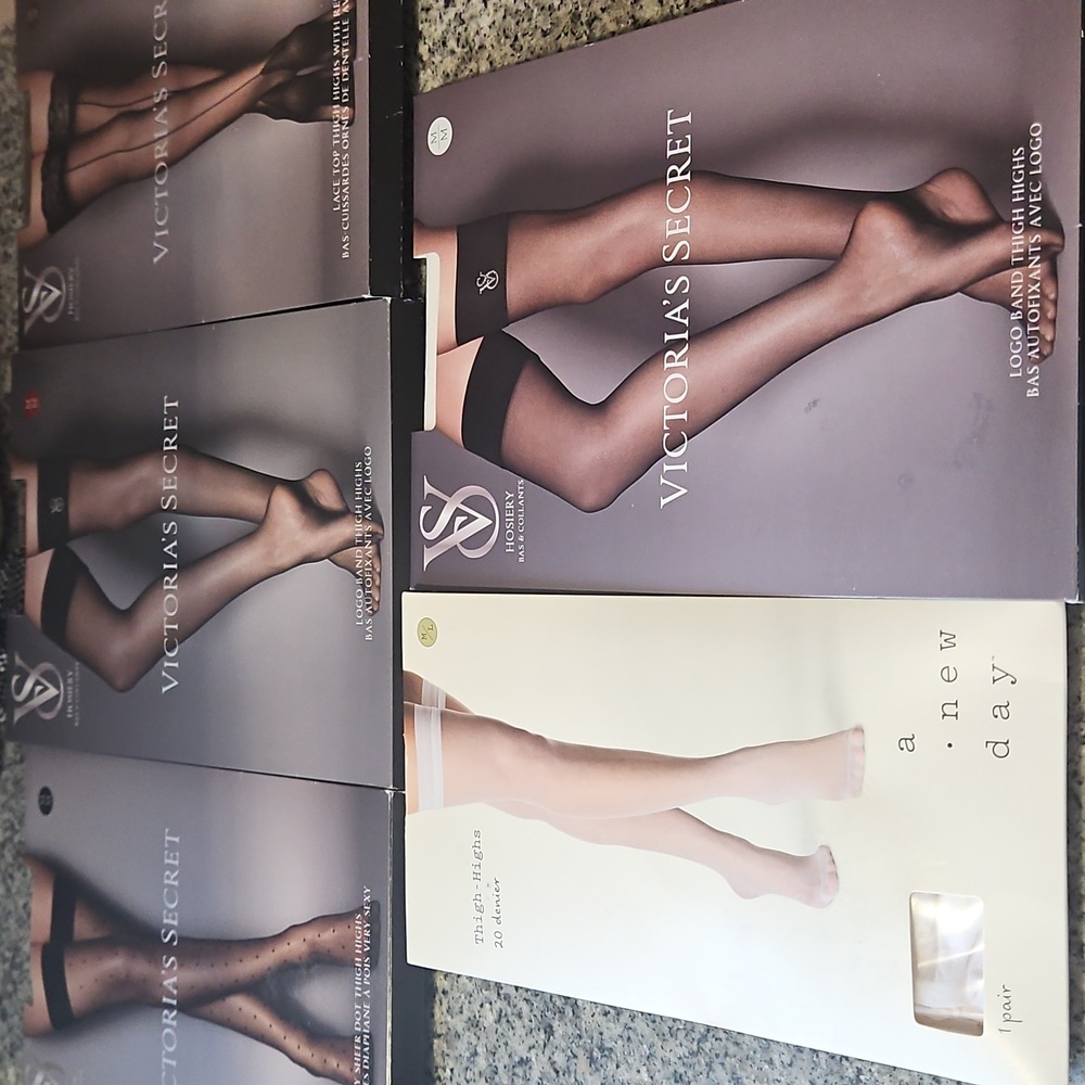 5 Pairs -4 Victoria's Secret Thigh High Stockings M/L & 1 Pair White Thigh Highs